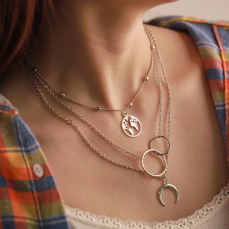 Edary Boho Layered Necklace Moon Necklaces Map Pendant Silver Jewelry for Women(Silver) - Image 3
